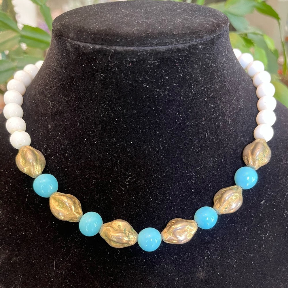 Vintage Les Bernard Signed Gold Tone and Blue Beaded Necklace